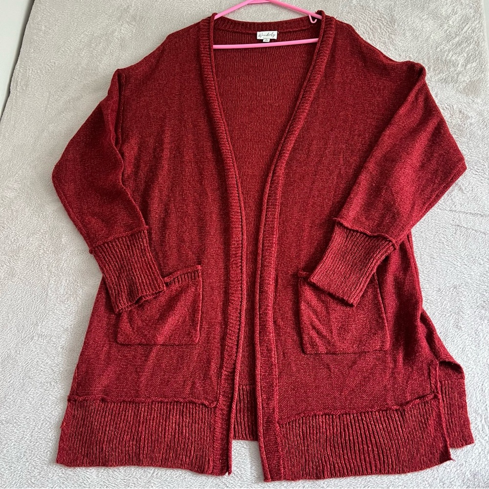 Wonderly Sweater Cardigan Women's Large Open Front‎ Pockets Knit Long Sleeve Red